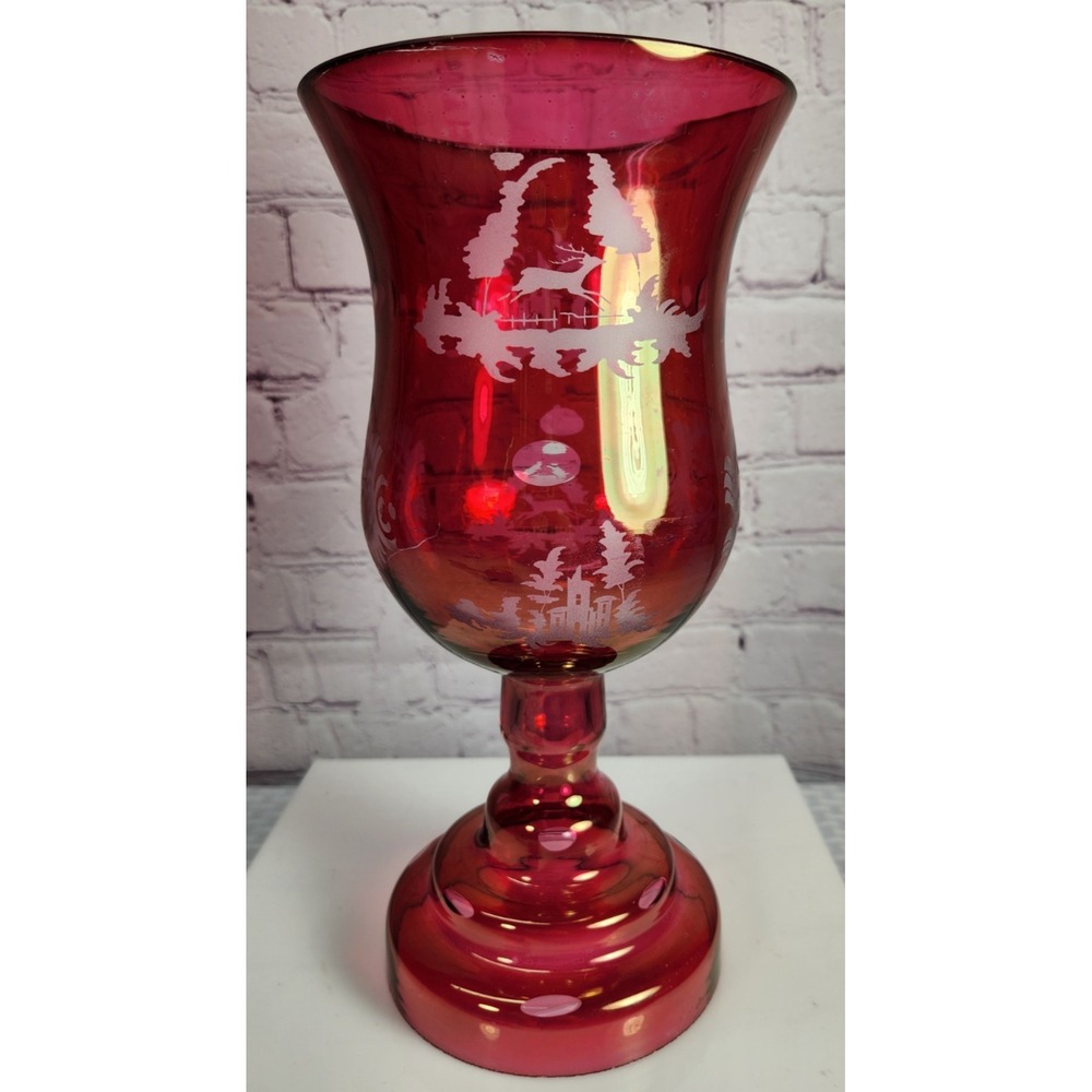 Antique Egermann Candle Holder Vase  Bohemian Ruby Red Cut to Clear Deer Chalet